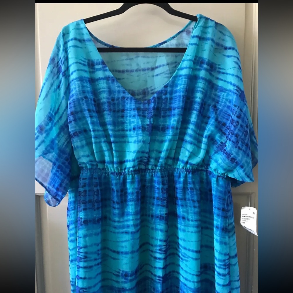New Women's Tie Dye Blue Green Elastic Waist Dress Layered